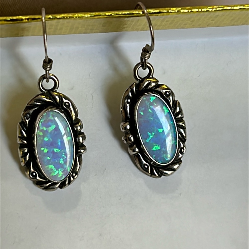 Opal Solid 925 Sterling Silver Dangle Earrings - image 1